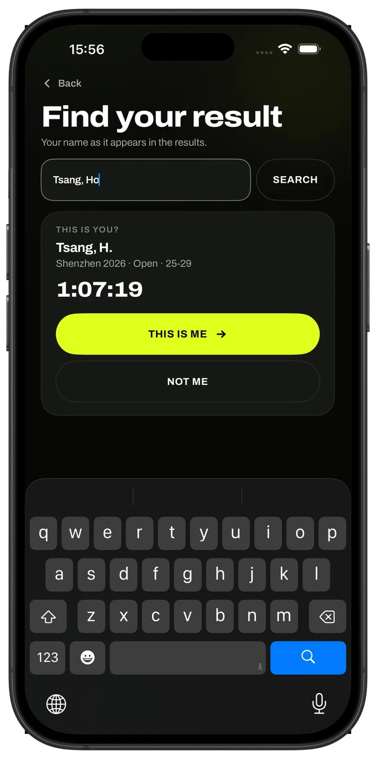 Find your result: search your name, confirm the row, 1:07:19 in Open 25-29