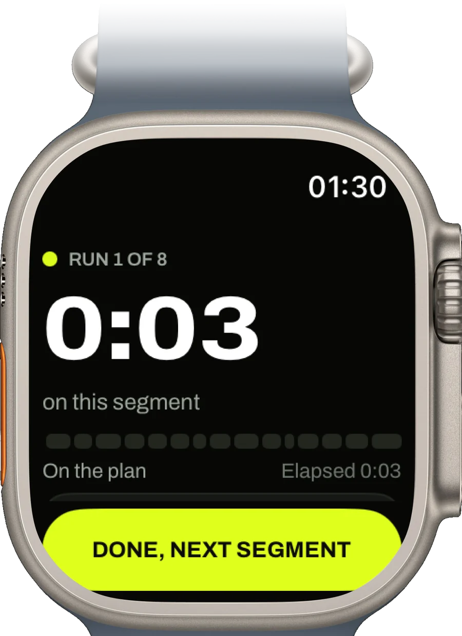 Race day on the watch: Run 1 of 8, 0:03 on this segment, on the plan, elapsed 0:03, and a Done, next segment button
