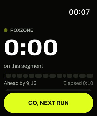 Race day on the watch: Roxzone, ahead by 9:13, elapsed 0:10